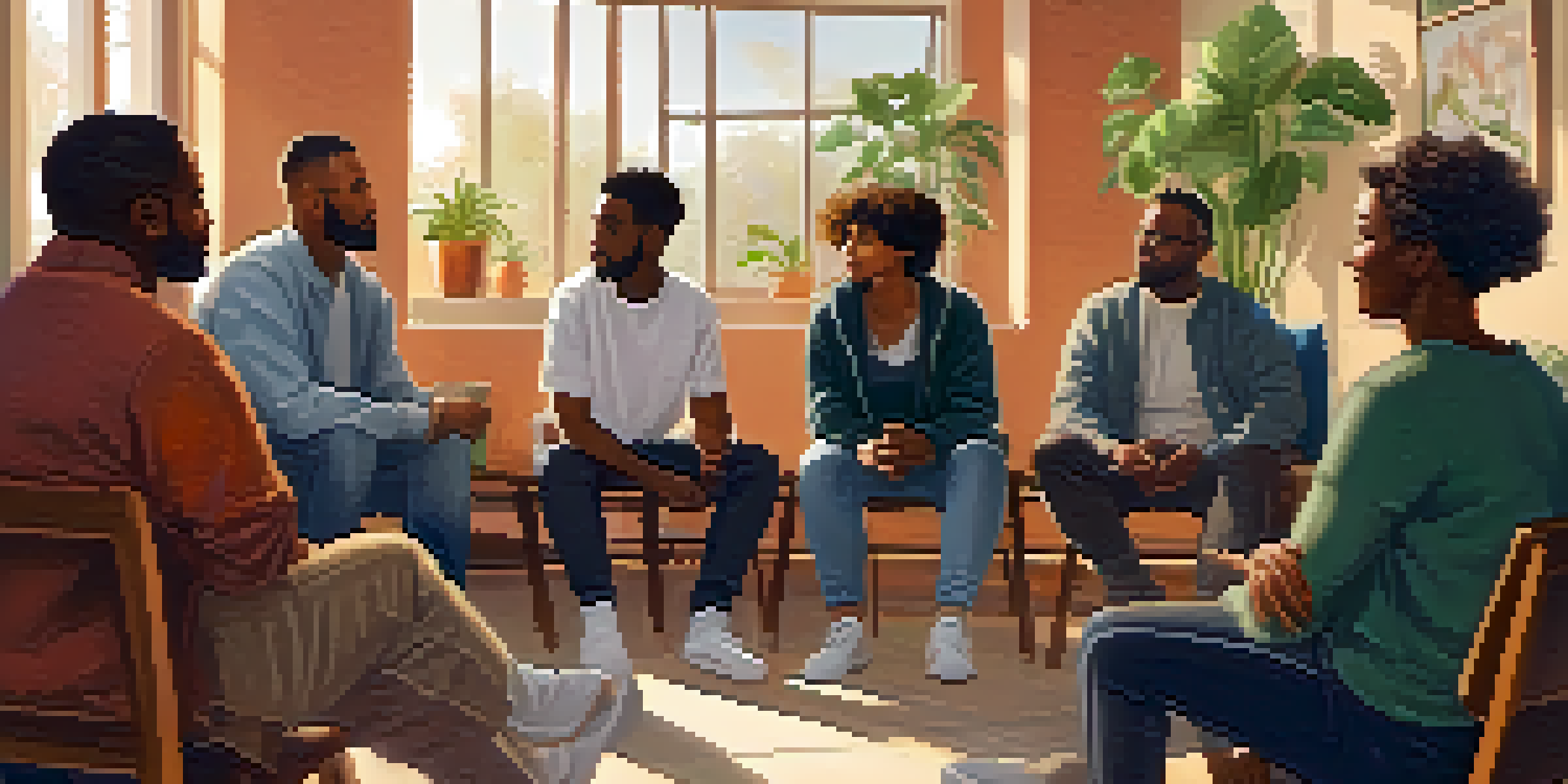 A mental health support group session in a community center, with diverse participants sharing experiences in a cozy atmosphere.