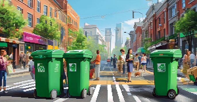A busy city street with smart waste bins, recycling signs, and residents using mobile apps for waste management.