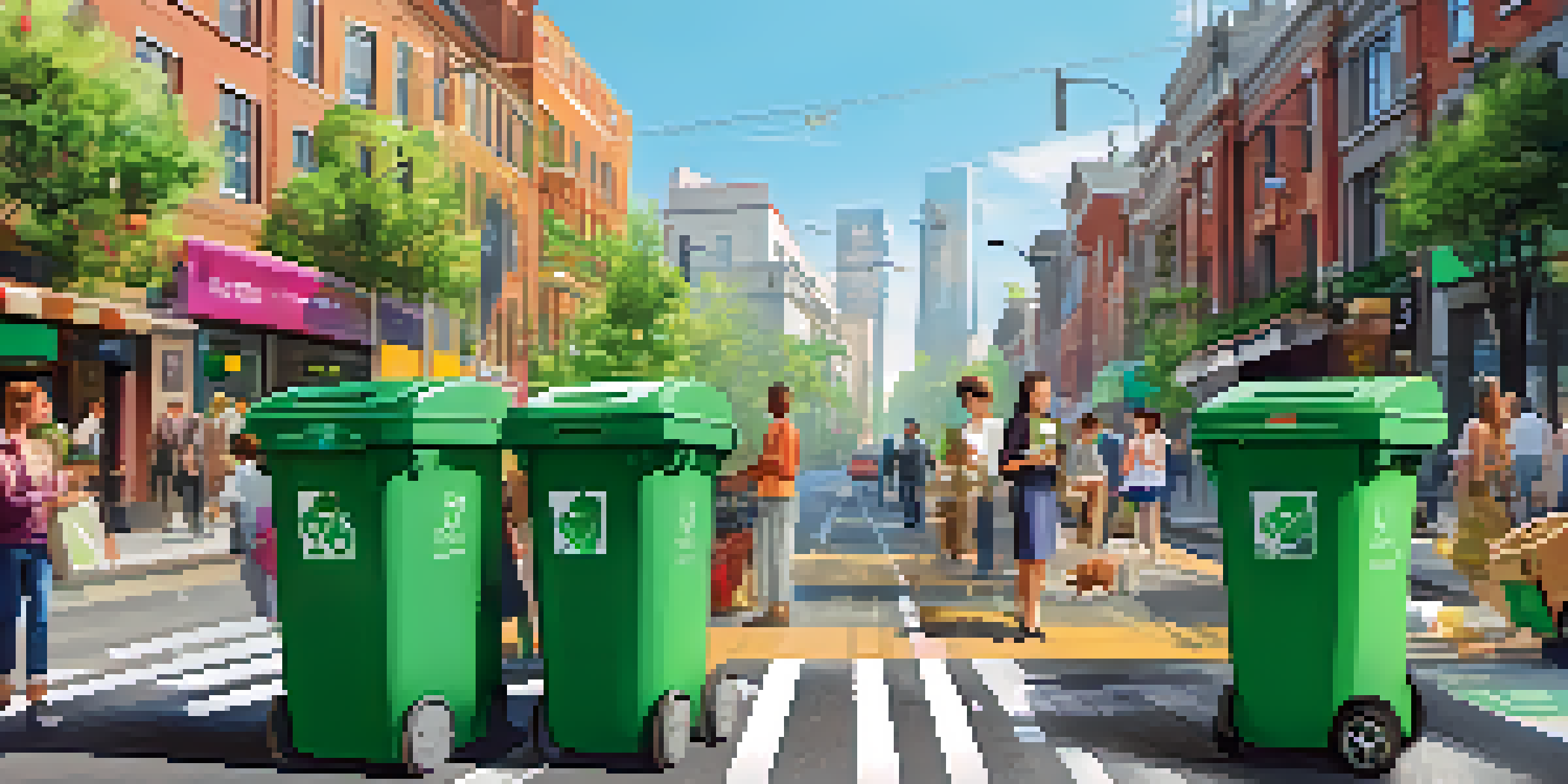 A busy city street with smart waste bins, recycling signs, and residents using mobile apps for waste management.