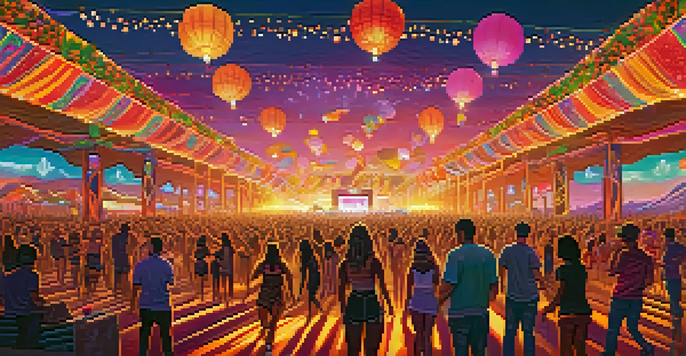 A lively outdoor electronic music festival in Phoenix with a colorful crowd and beautiful desert mountains in the background.