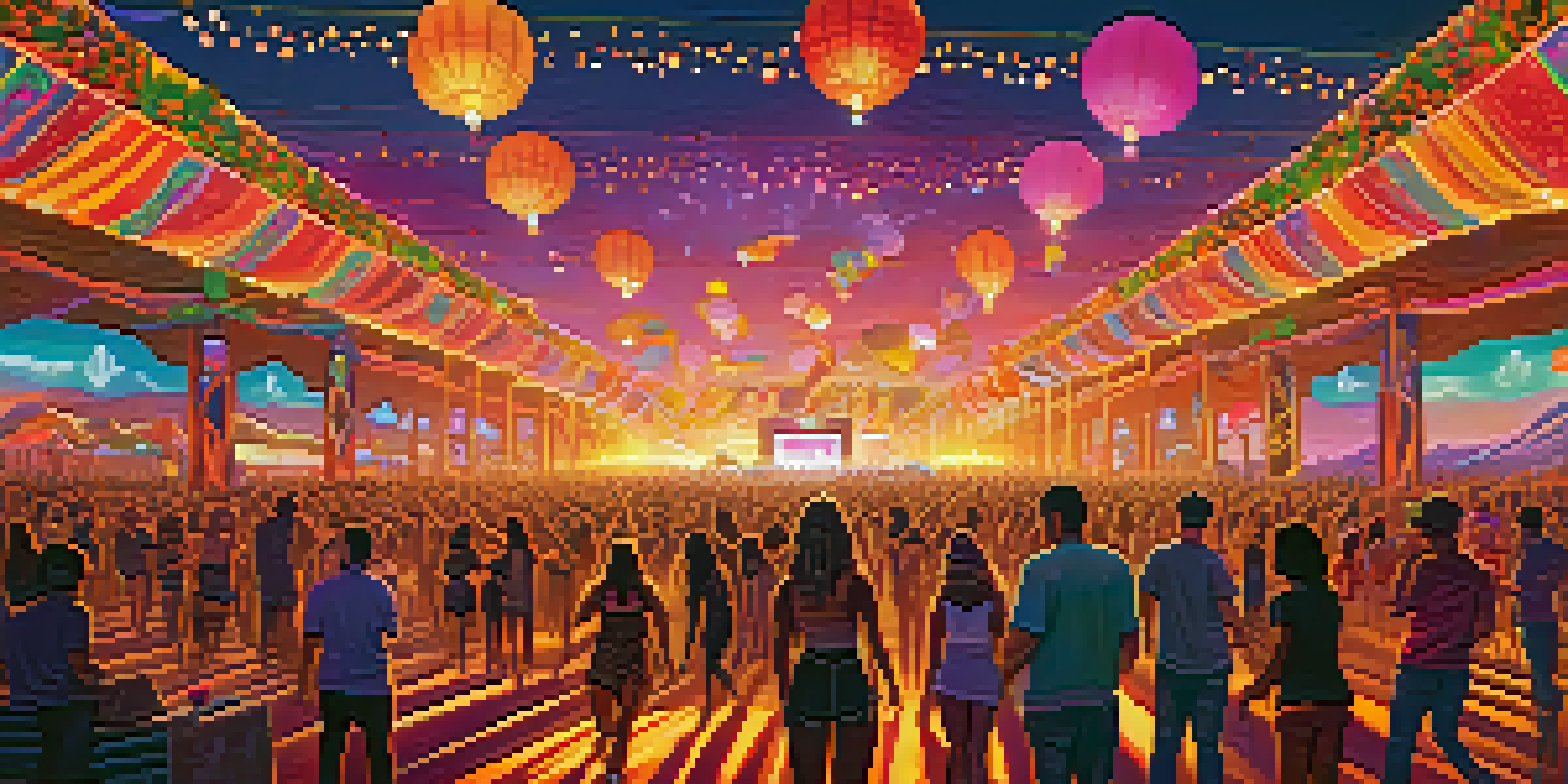 A lively outdoor electronic music festival in Phoenix with a colorful crowd and beautiful desert mountains in the background.