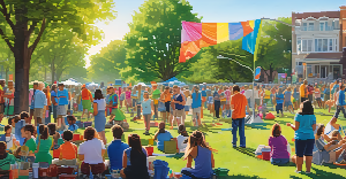 A diverse group of people participating in a neighborhood cleanup event in a Phoenix park, surrounded by banners and greenery.