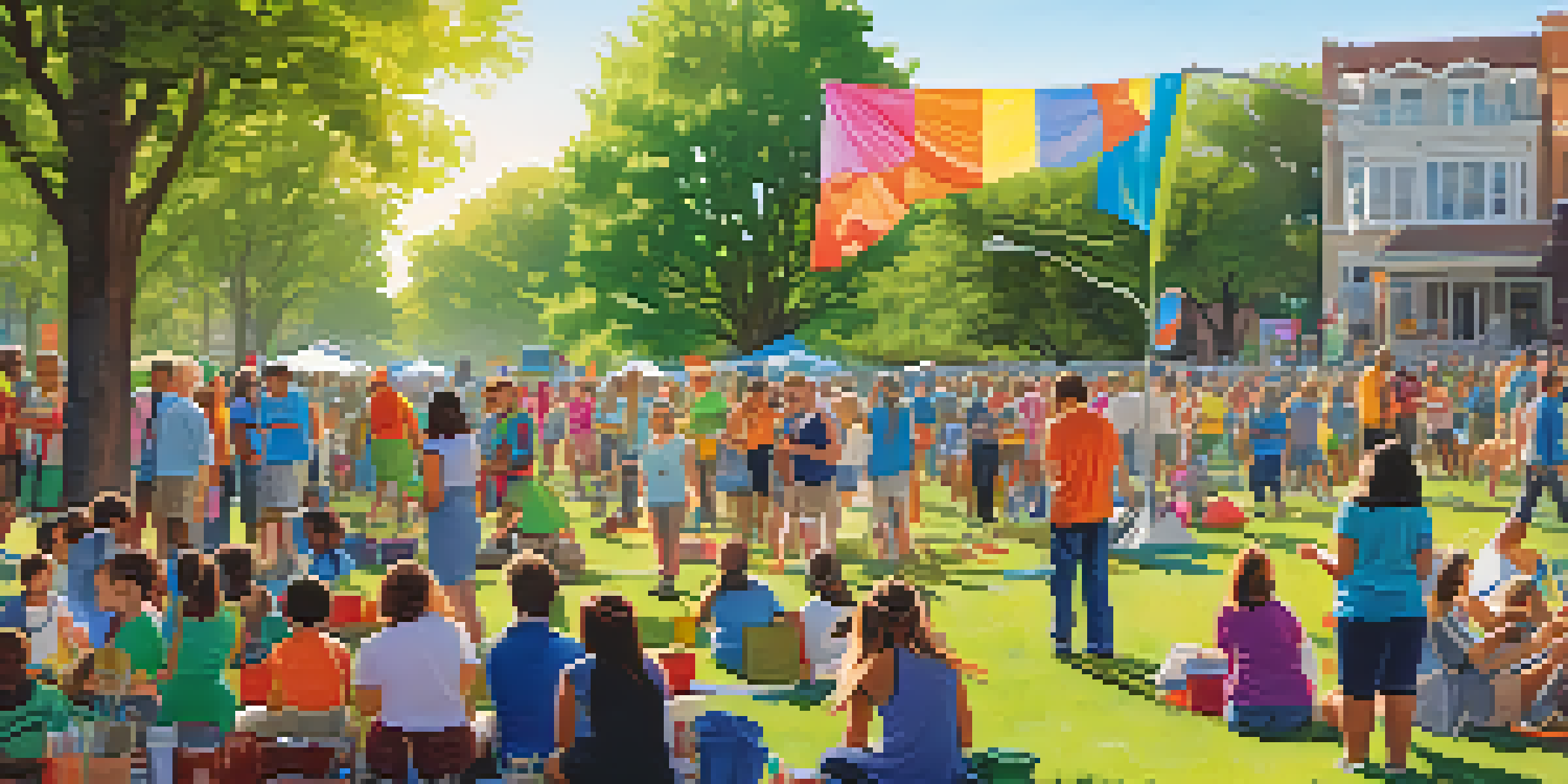 A diverse group of people participating in a neighborhood cleanup event in a Phoenix park, surrounded by banners and greenery.