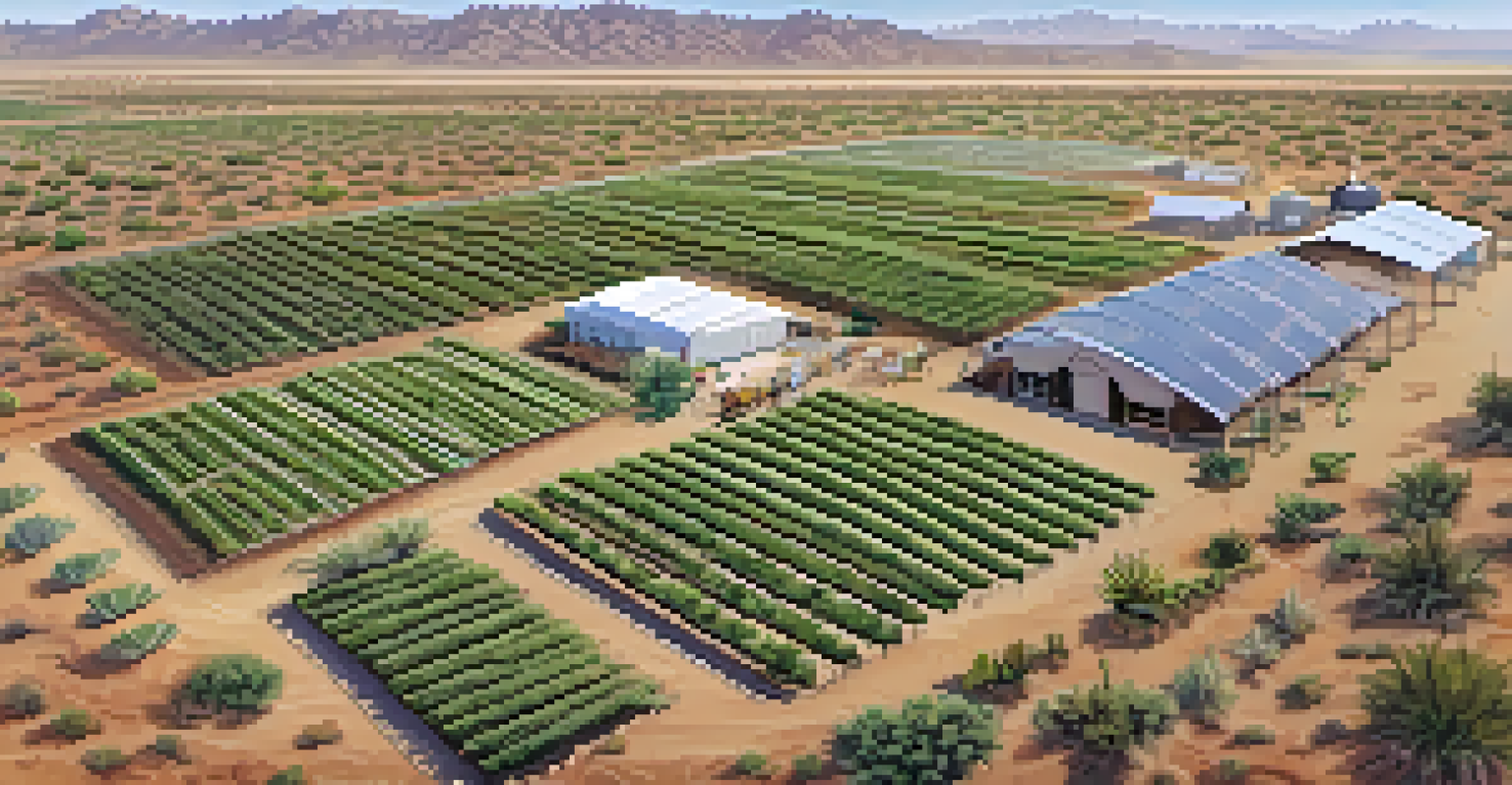 An aerial view of a sustainable farm in Phoenix showing different crops and visible drip irrigation lines in a desert landscape.