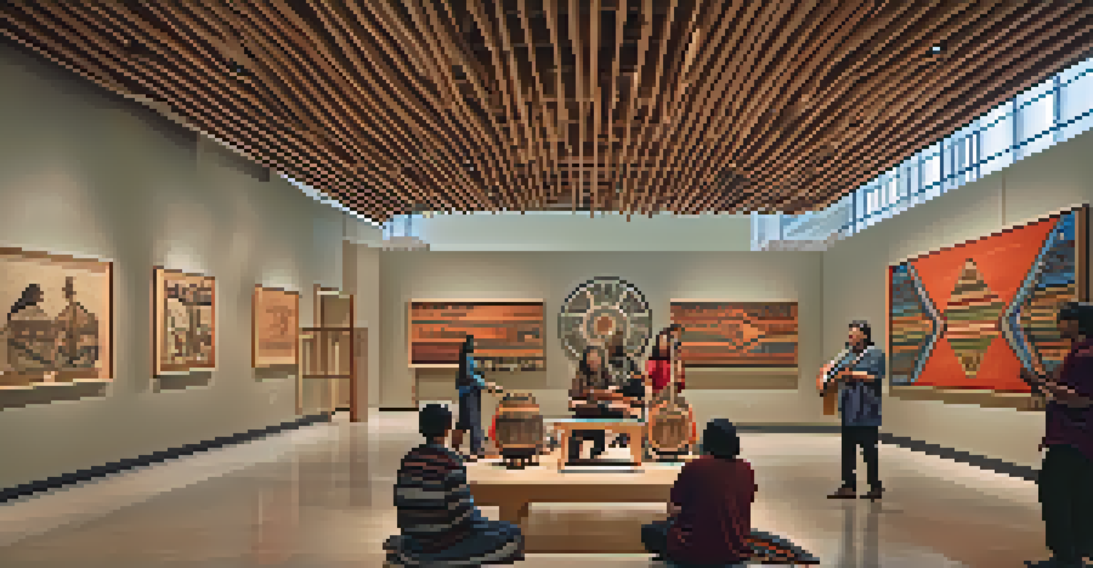 Inside the Heard Museum, Indigenous musicians perform while surrounded by Native American art, creating a warm and inviting atmosphere.