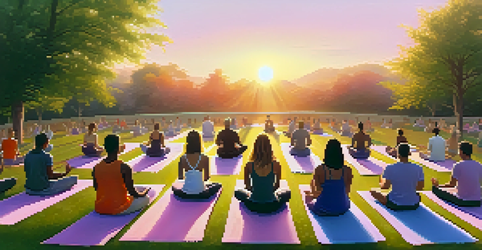 A diverse group of individuals practicing yoga at sunrise in a lush garden, surrounded by trees and soft sunlight.
