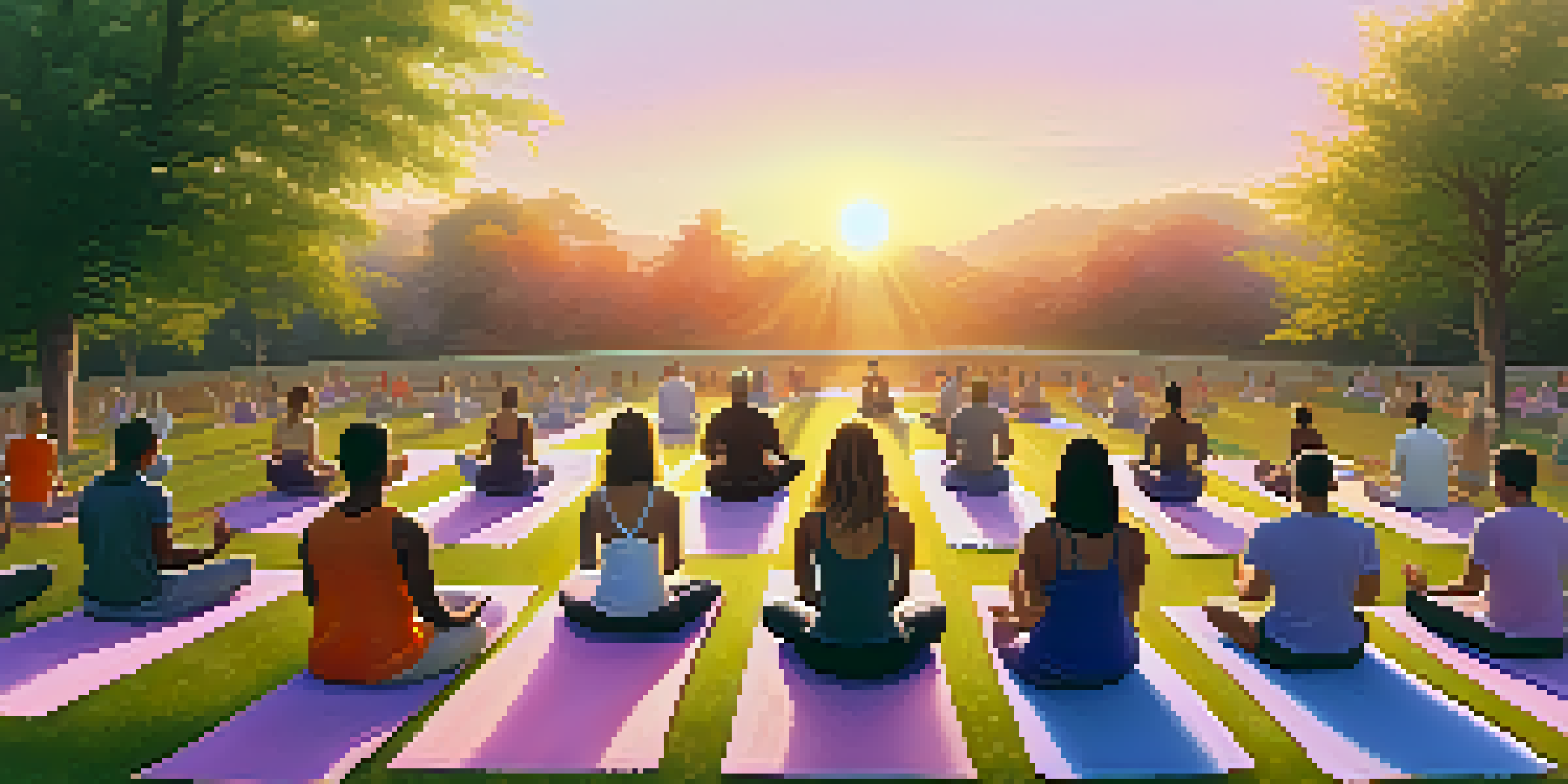 A diverse group of individuals practicing yoga at sunrise in a lush garden, surrounded by trees and soft sunlight.