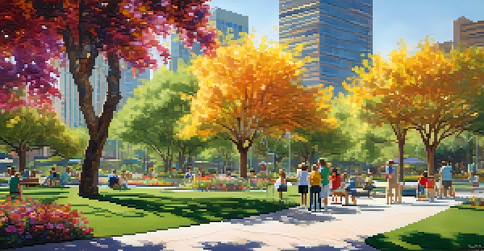 A lively urban park in Phoenix with green trees and colorful flowers, surrounded by modern buildings and families enjoying the space.