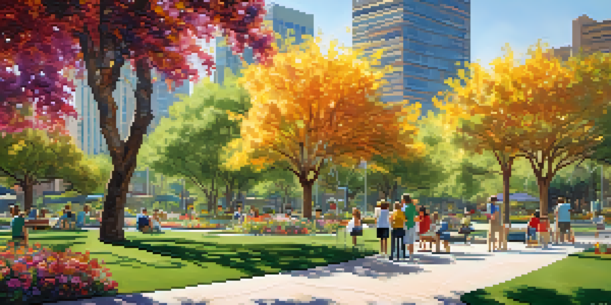 A lively urban park in Phoenix with green trees and colorful flowers, surrounded by modern buildings and families enjoying the space.