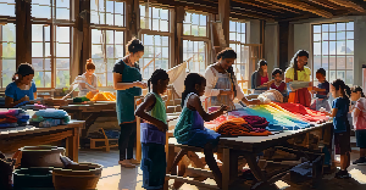 A diverse group of people participating in a textile arts workshop, dyeing fabrics and enjoying the creative process.
