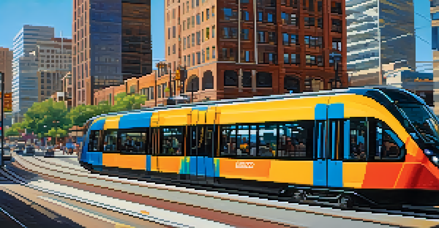 A modern light rail train in downtown Phoenix surrounded by skyscrapers and lively street scenes.