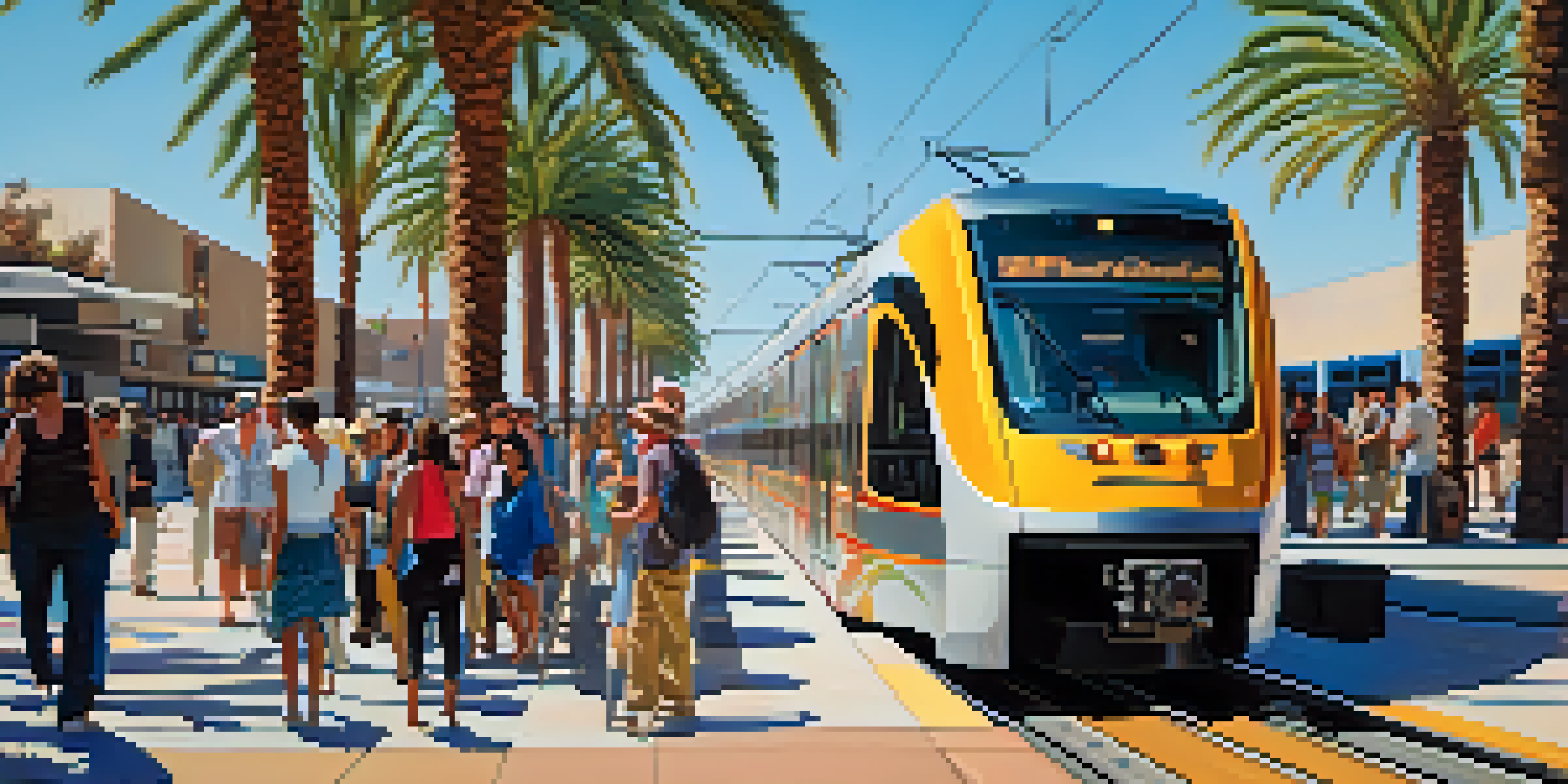 A modern light rail train in the Phoenix Metro Area with palm trees and people waiting at the station under bright sunlight.