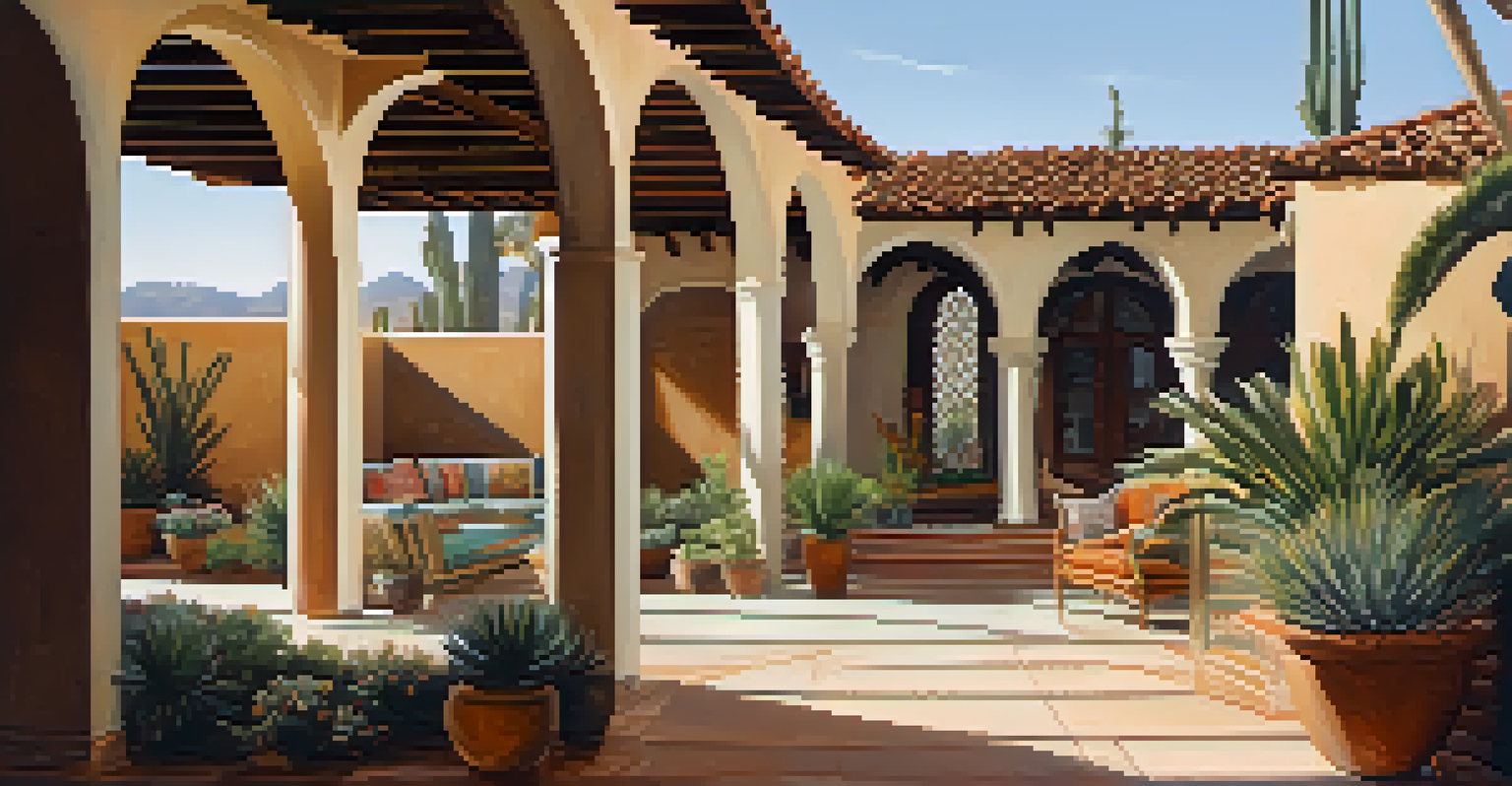 An interior courtyard with arches and desert plants, featuring a shaded seating area illuminated by soft afternoon light.