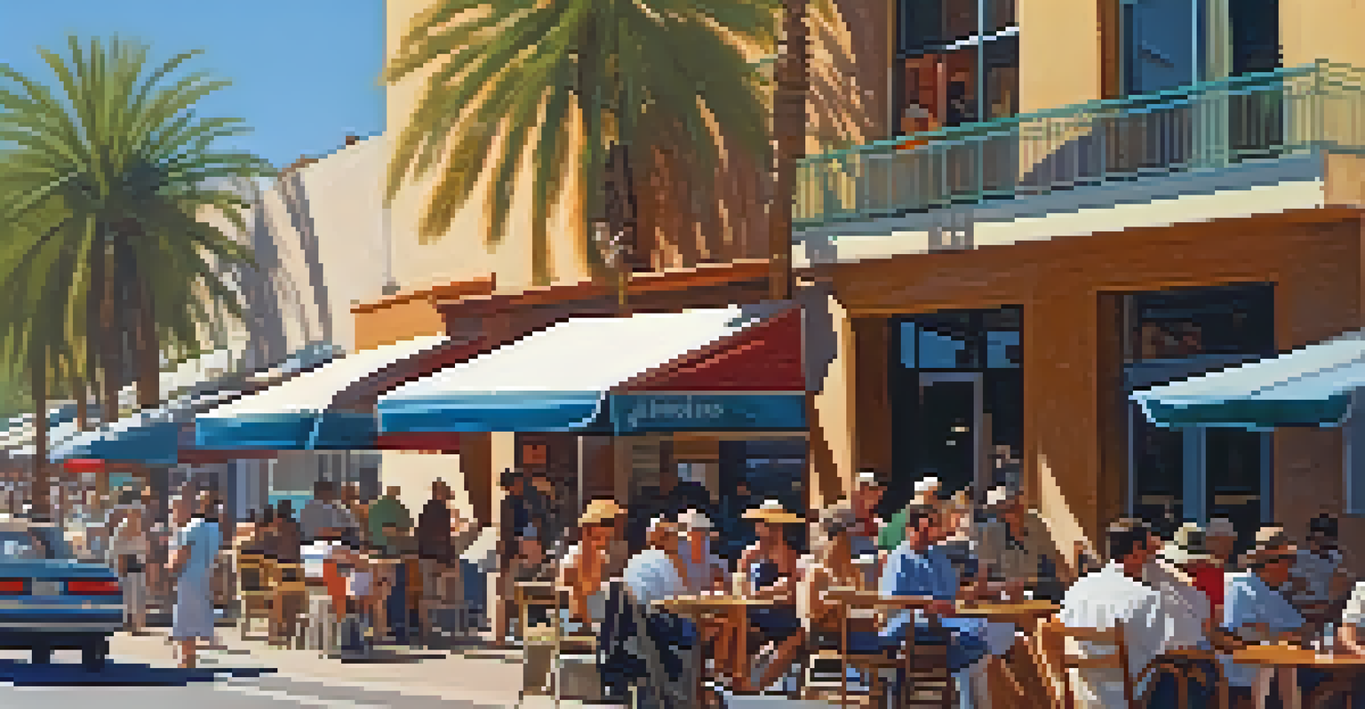 A sunny day in Phoenix with people at outdoor cafes and palm trees lining the street.