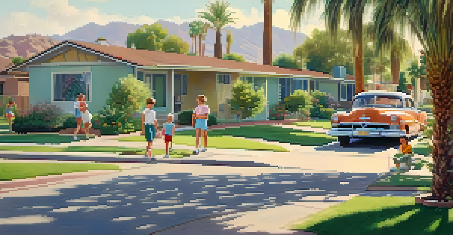Suburban neighborhood scene in 1950s Phoenix with families and children playing.