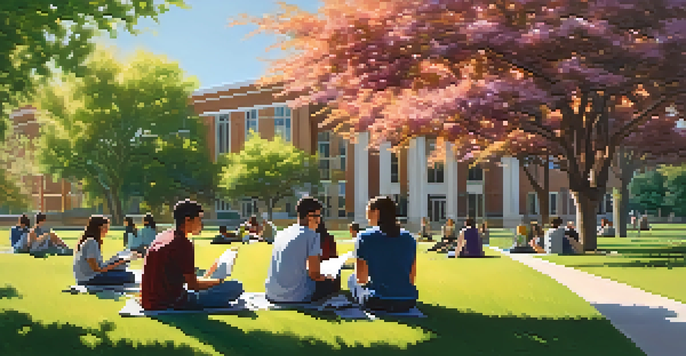 A group of diverse students studying together outside at Phoenix College under the sun.