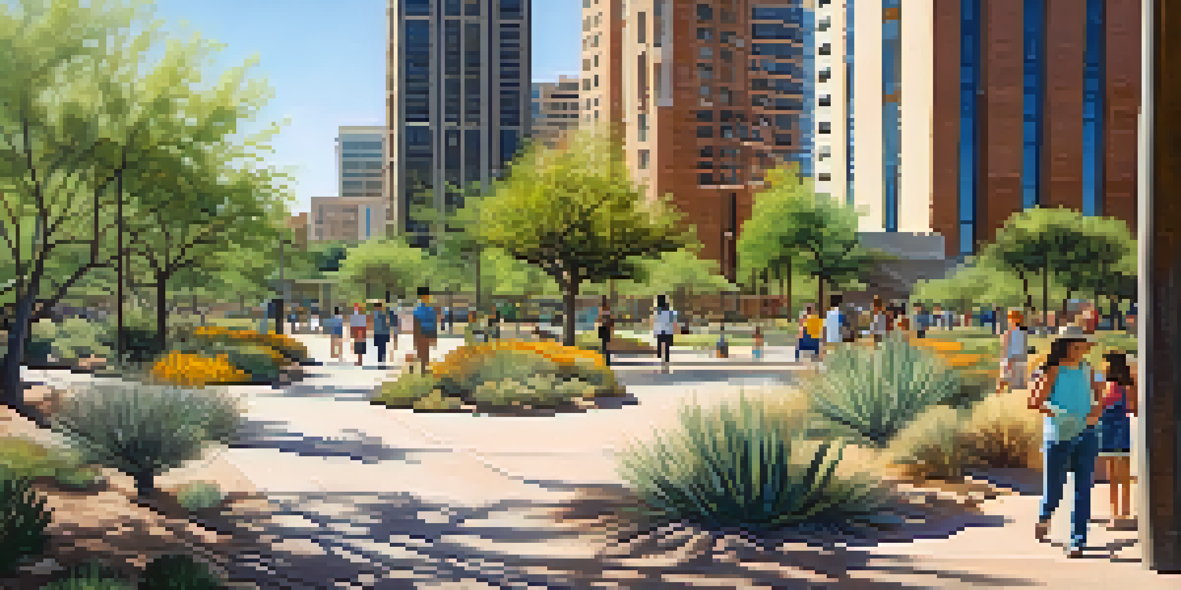 A lively urban park in Phoenix with families, trees, and modern buildings in the background.