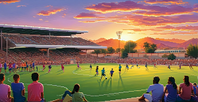 A sunset view of Desert Sky Park with soccer players on the field and families having picnics in the background.