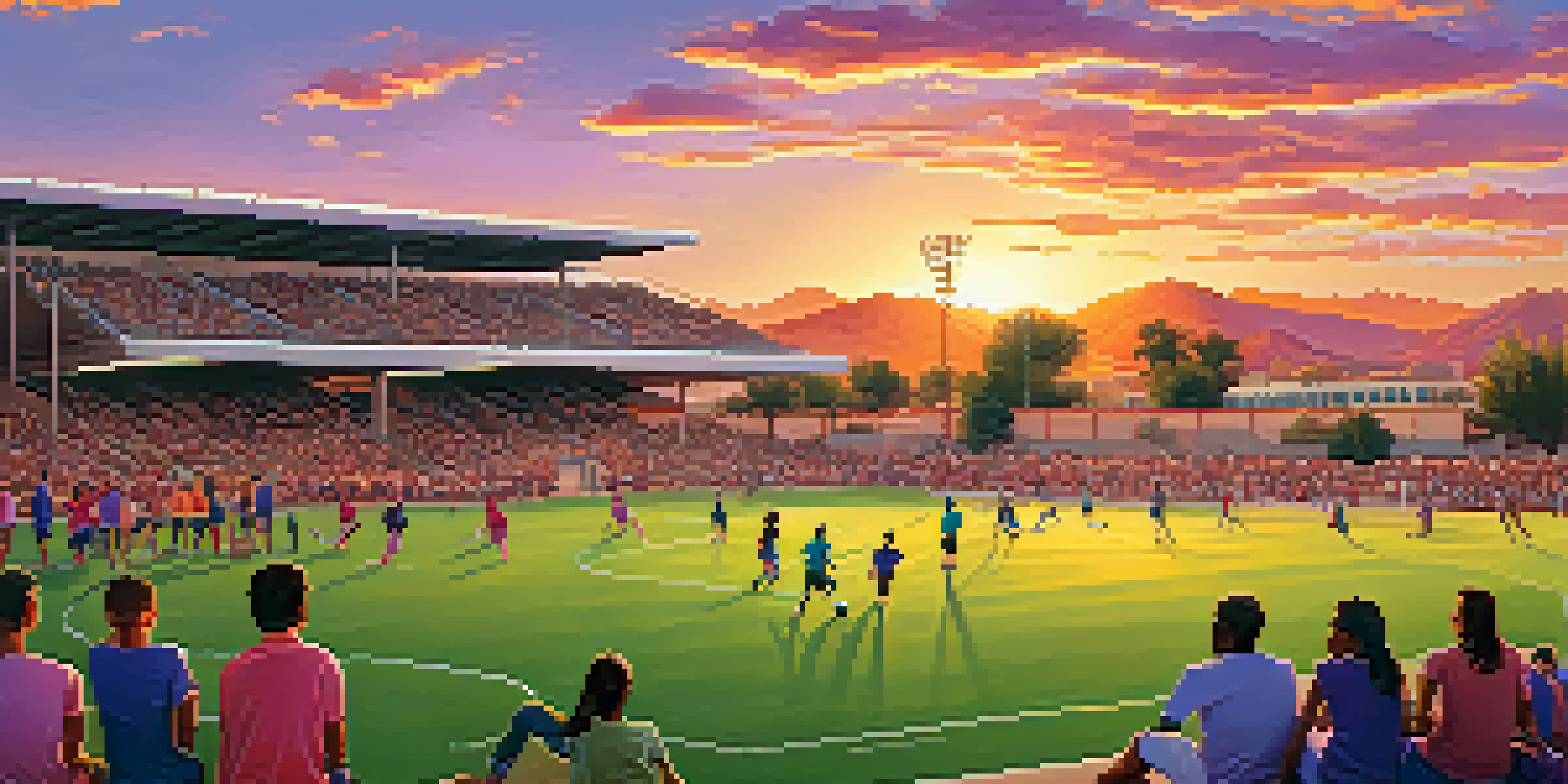 A sunset view of Desert Sky Park with soccer players on the field and families having picnics in the background.