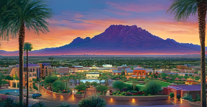 A scenic view of Scottsdale with luxurious resorts and Camelback Mountain in the background during sunset.