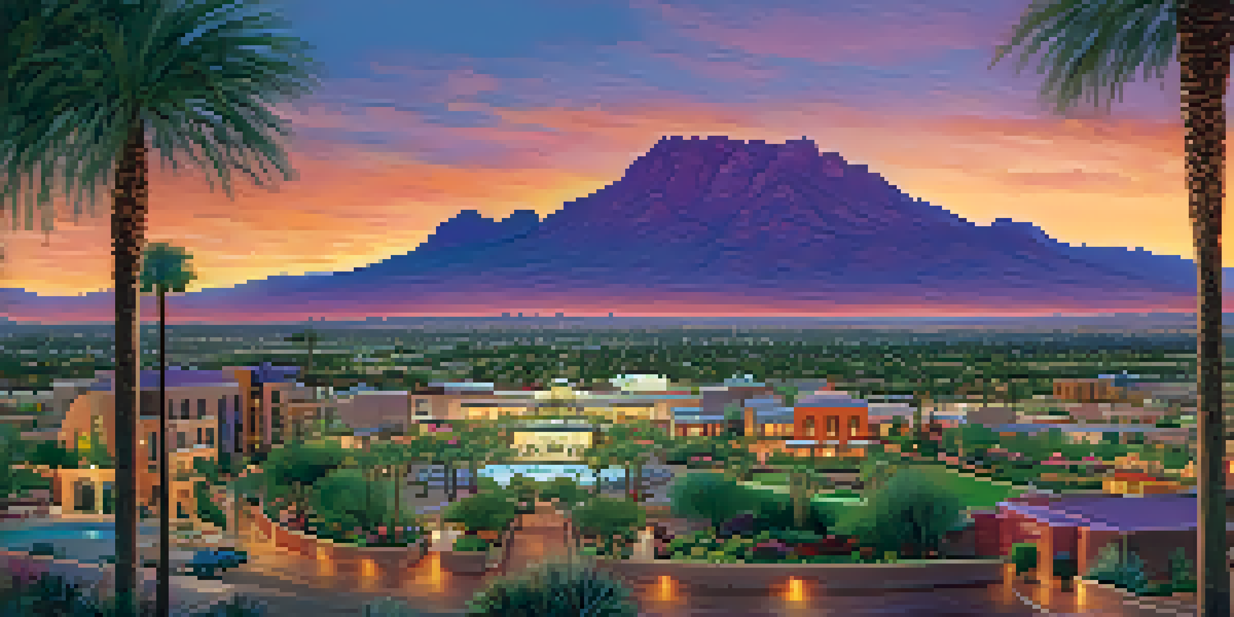 A scenic view of Scottsdale with luxurious resorts and Camelback Mountain in the background during sunset.