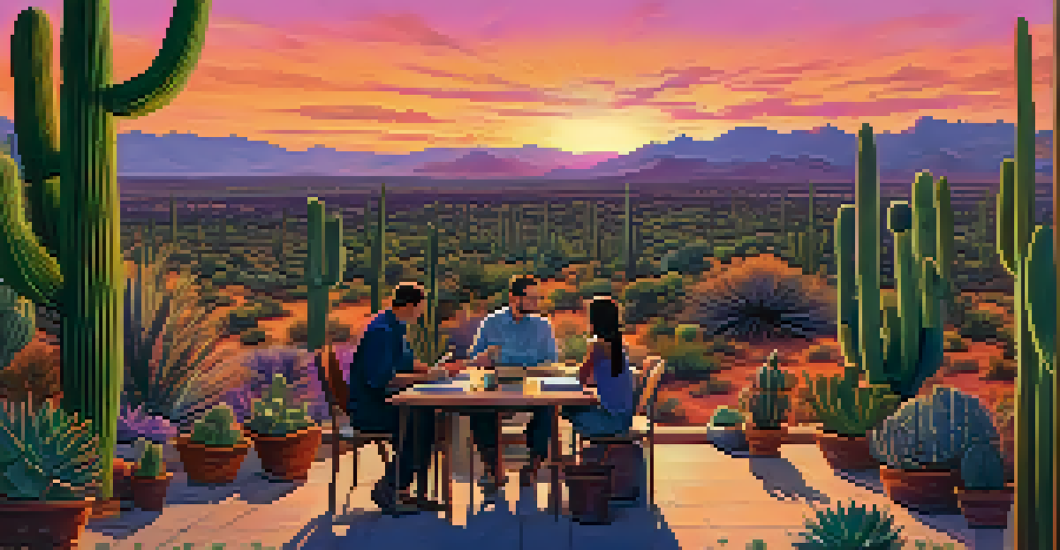 A scenic view of the Phoenix desert at sunset with silhouette cacti and writers gathered at a table outdoors, immersed in their work.