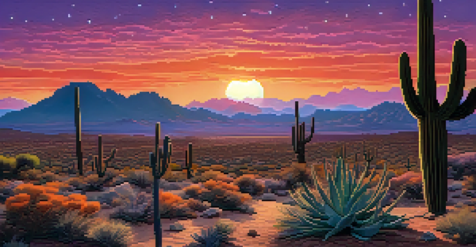 A sunset over the desert with silhouettes of cacti and wildlife enthusiasts preparing for a nighttime tour.