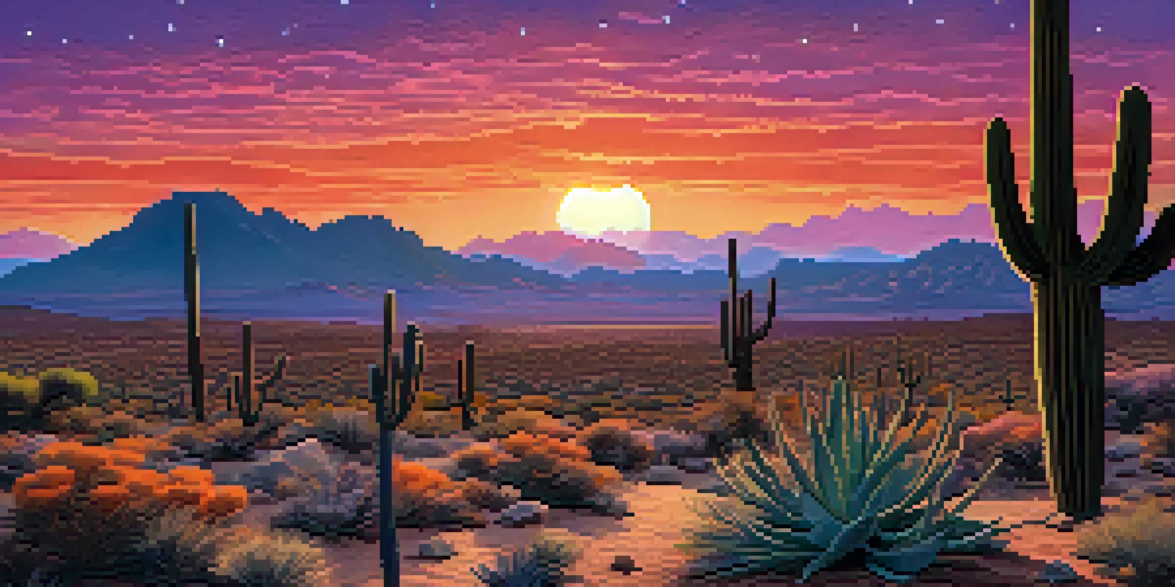 A sunset over the desert with silhouettes of cacti and wildlife enthusiasts preparing for a nighttime tour.