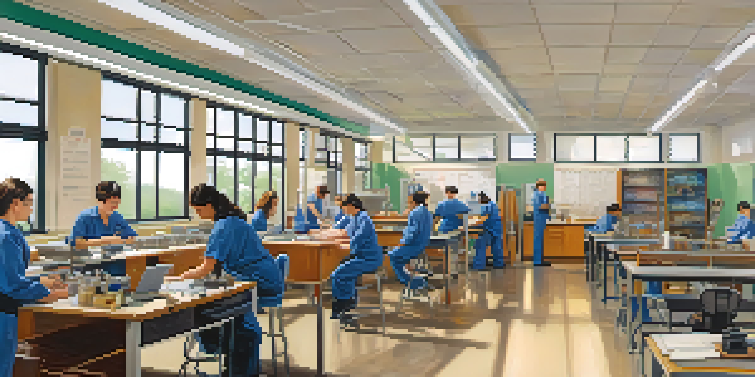 A vibrant classroom setting where diverse students are engaged in vocational training, with natural light streaming through large windows.