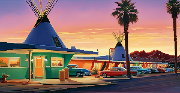 A scenic view of the Wigwam Motel with teepee-shaped rooms and neon signs at sunset, featuring vintage cars and palm trees.