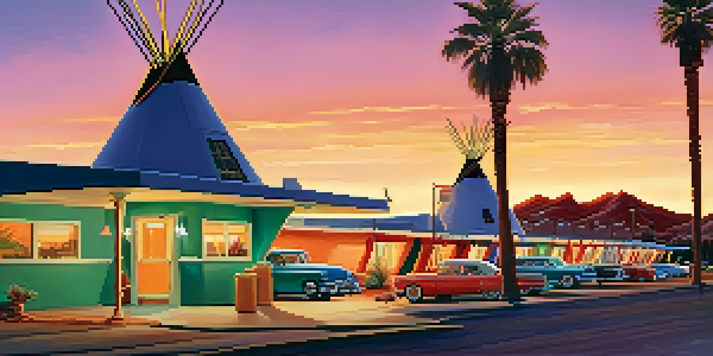 A scenic view of the Wigwam Motel with teepee-shaped rooms and neon signs at sunset, featuring vintage cars and palm trees.