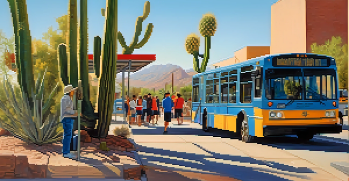 A busy bus stop in Phoenix with various people waiting for the bus, surrounded by desert scenery and clear skies.