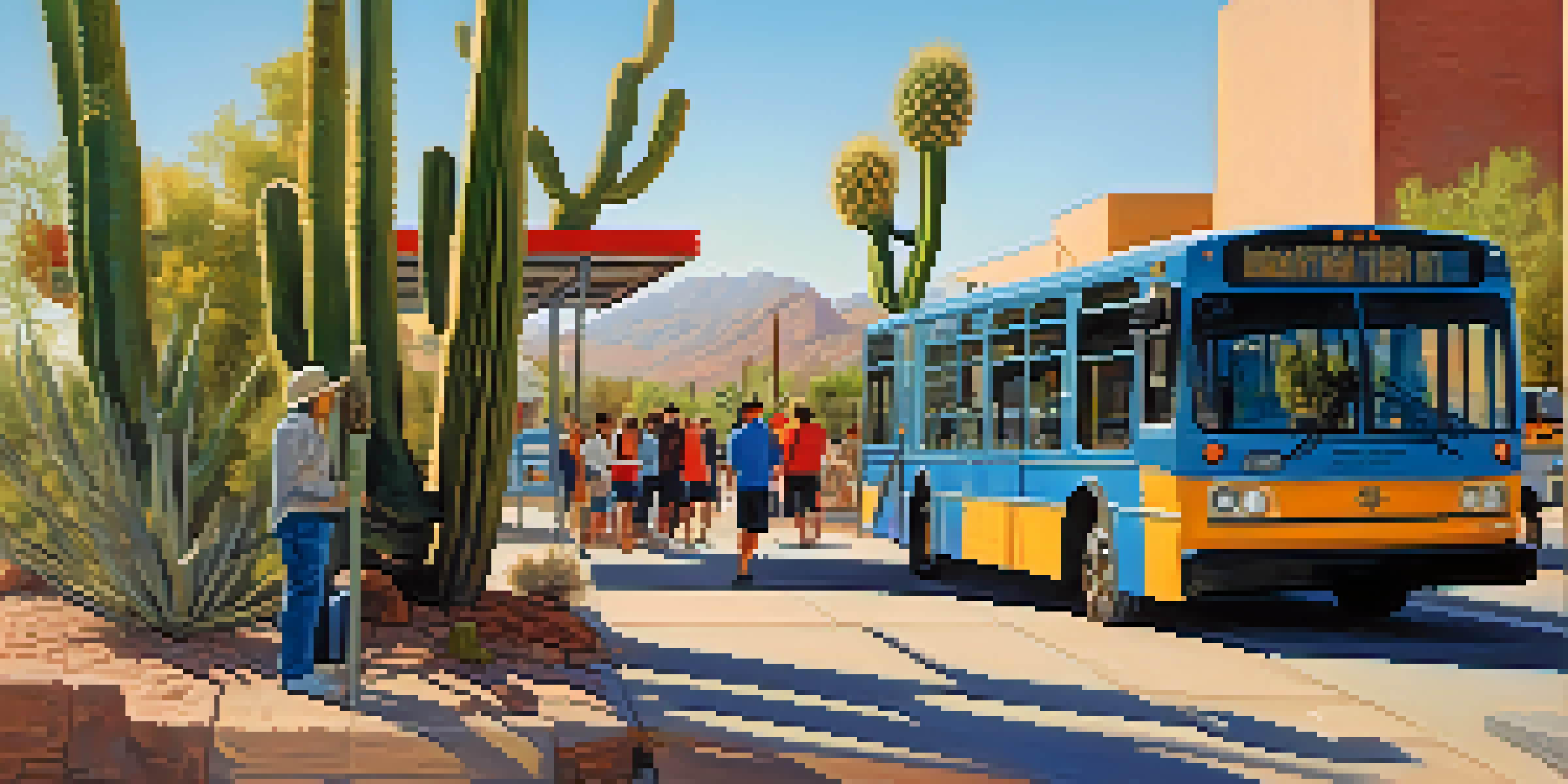 A busy bus stop in Phoenix with various people waiting for the bus, surrounded by desert scenery and clear skies.