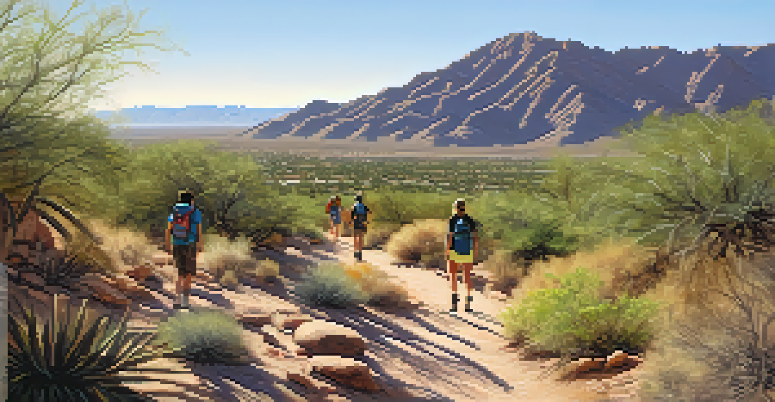 A scenic hiking trail in South Mountain Park with hikers and beautiful desert vegetation under a bright sun.