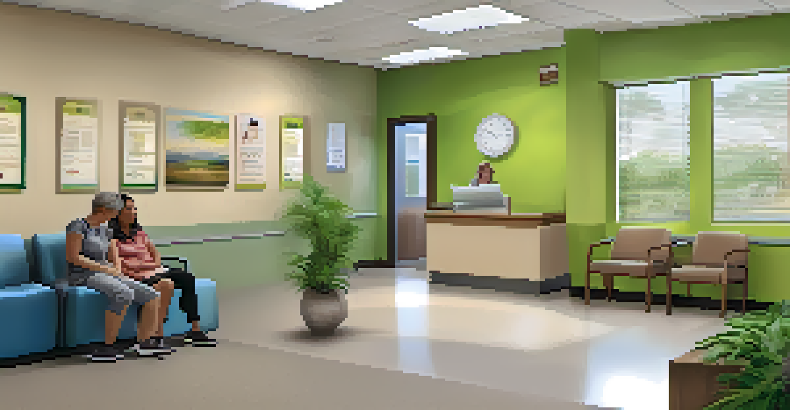 The interior of a community clinic waiting room with comfortable seating, health education resources, and a healthcare professional interacting with patients.