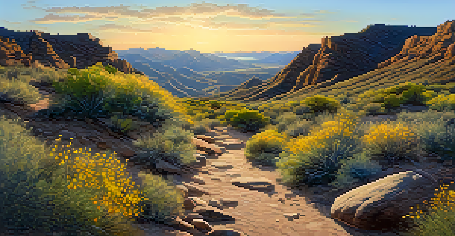 A panoramic view of South Mountain Park during golden hour, highlighting mountains, valleys, and a winding trail with wildflowers.