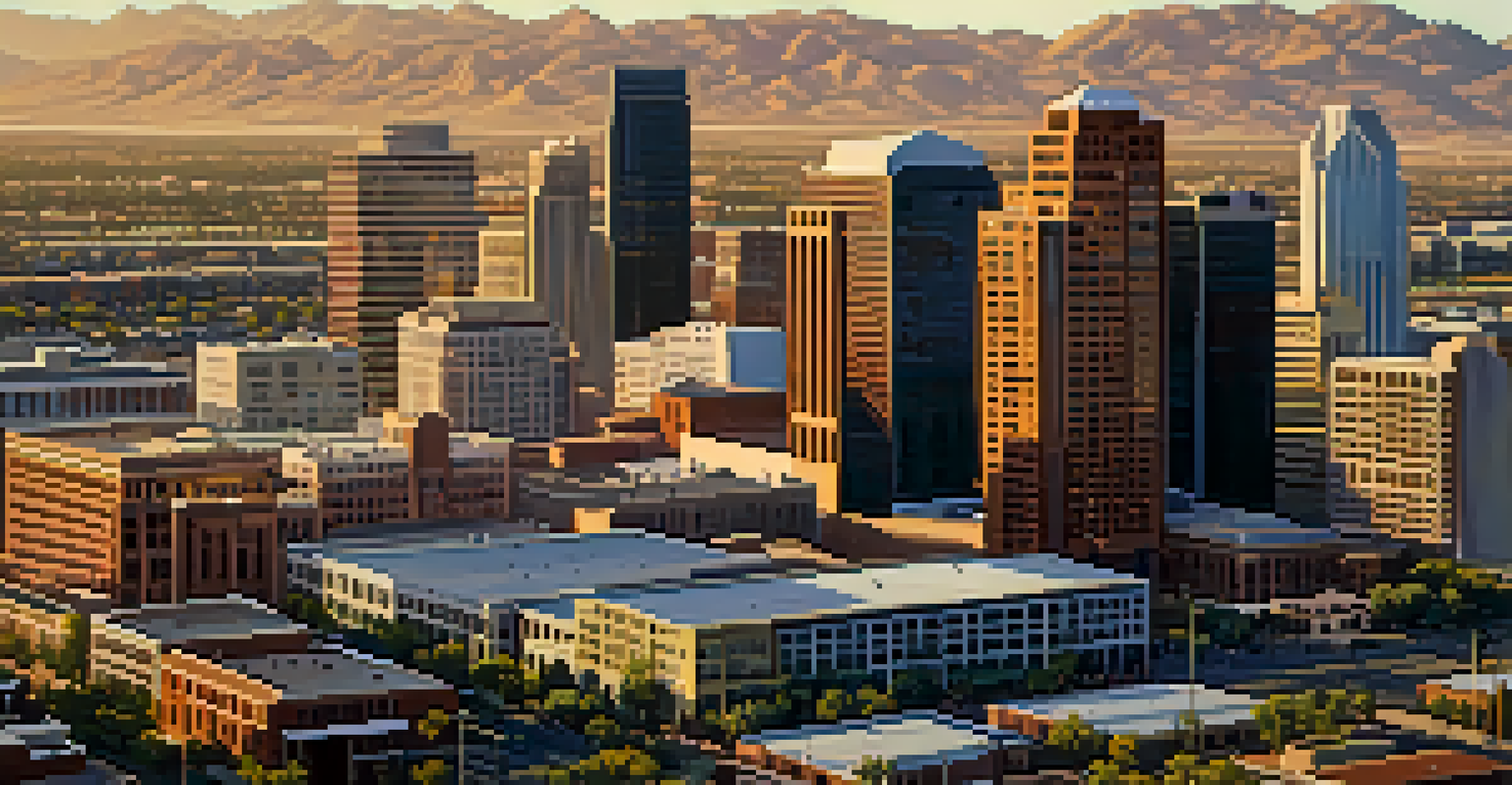 Aerial view of downtown Phoenix with skyscrapers and mountains during golden hour.