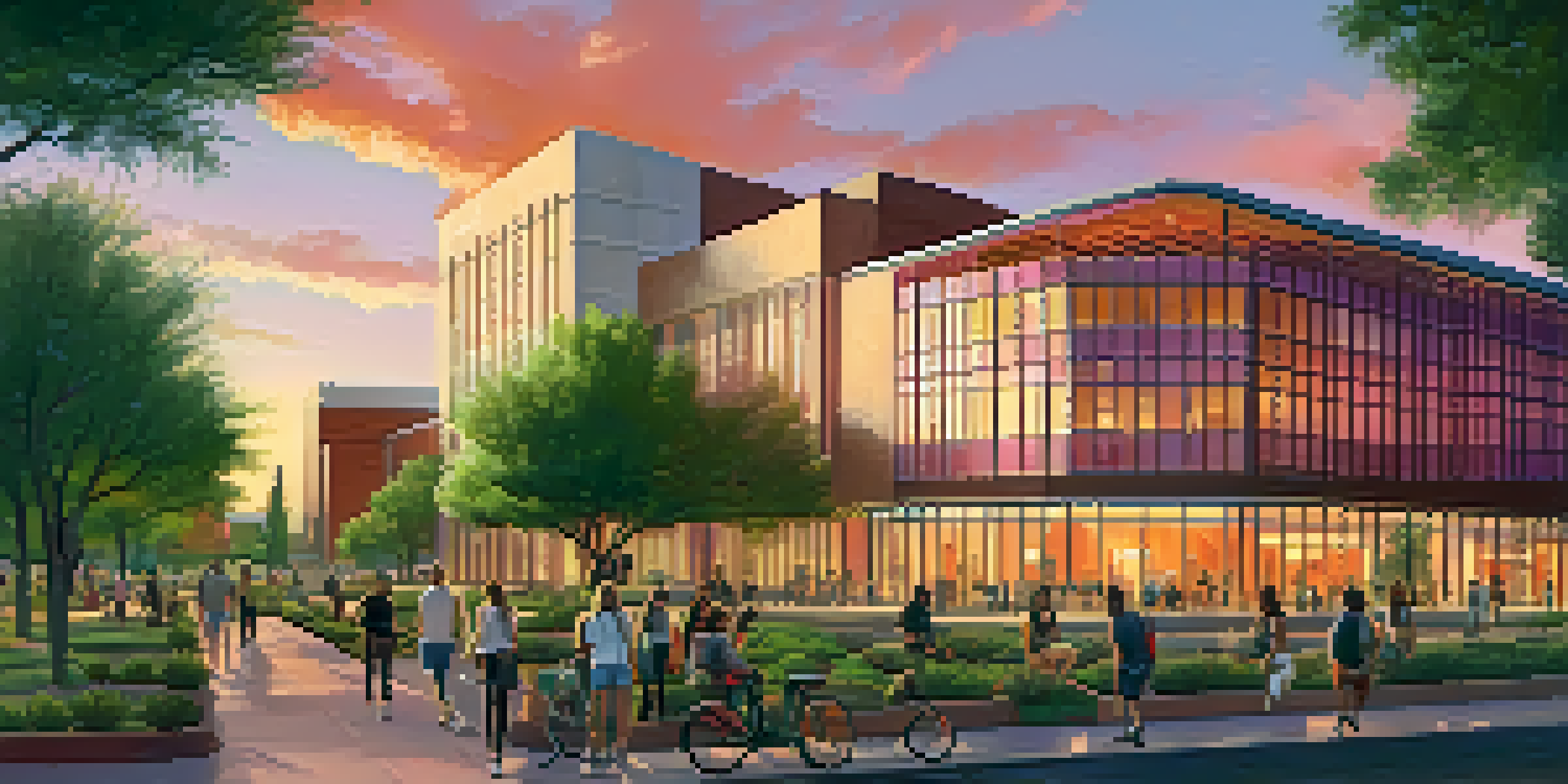 A sunset view of Arizona State University with students discussing in the foreground.