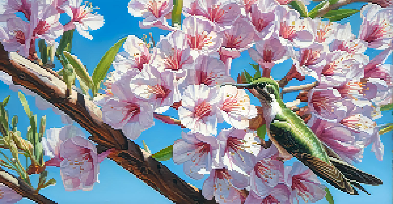 Close-up of a blooming Desert Willow tree with trumpet-shaped flowers and hummingbirds.