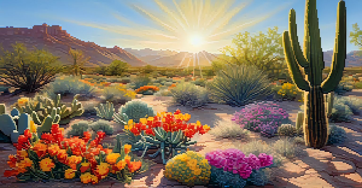A colorful spring landscape in Phoenix with blooming wildflowers and cacti under a bright blue sky.
