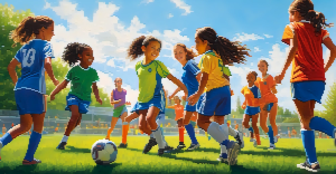 A diverse group of young girls playing soccer on a green field under a clear blue sky, showcasing teamwork and joy.