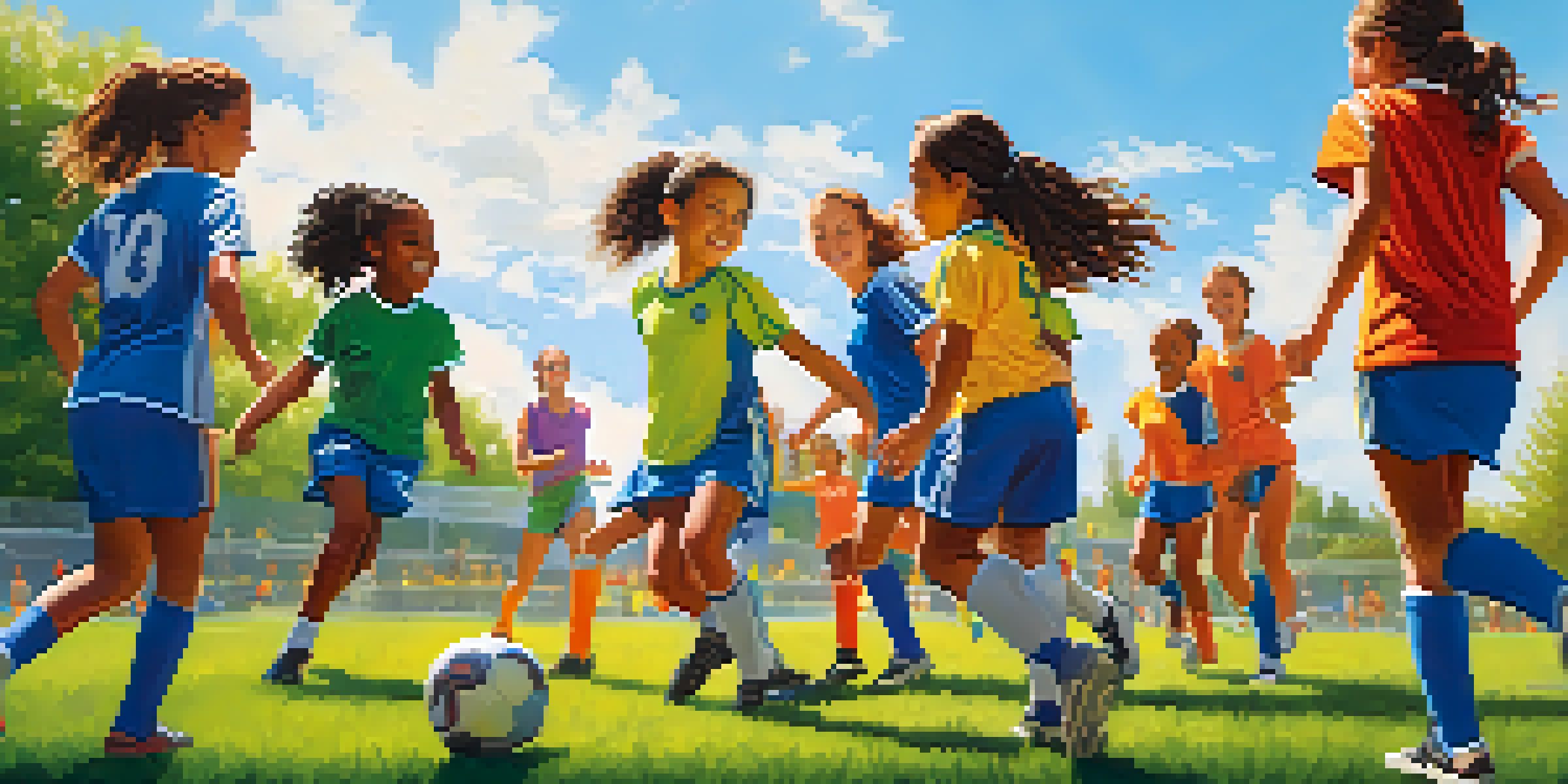A diverse group of young girls playing soccer on a green field under a clear blue sky, showcasing teamwork and joy.