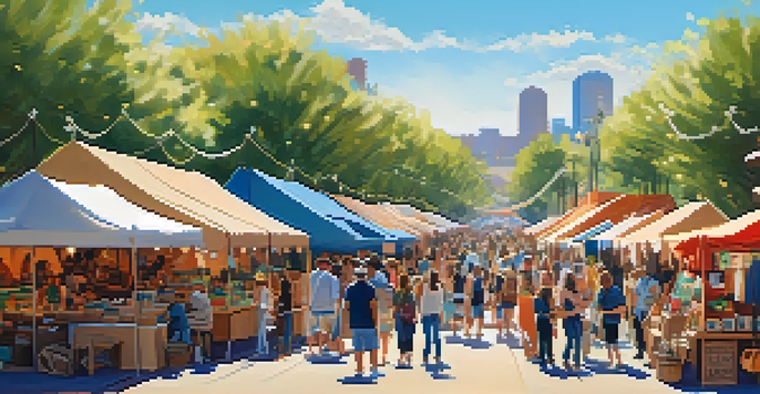 A colorful craft market in Phoenix with stalls featuring handmade goods, local artisans, and visitors enjoying the lively atmosphere.