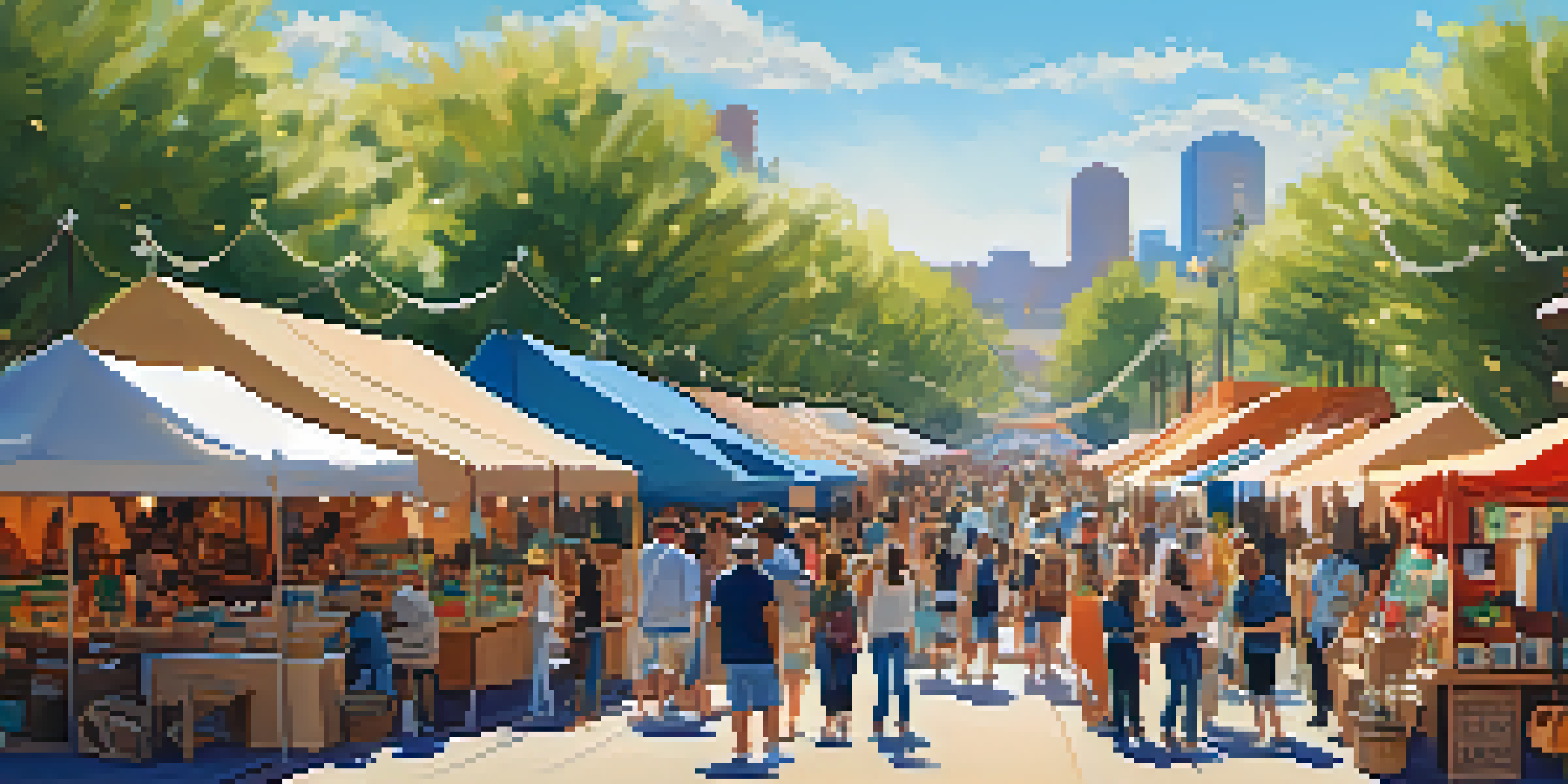 A colorful craft market in Phoenix with stalls featuring handmade goods, local artisans, and visitors enjoying the lively atmosphere.