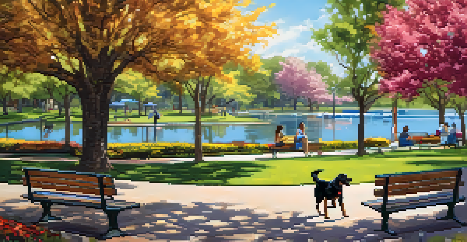 A park with a lake where dogs are playing and pet owners are sitting on benches under the trees.