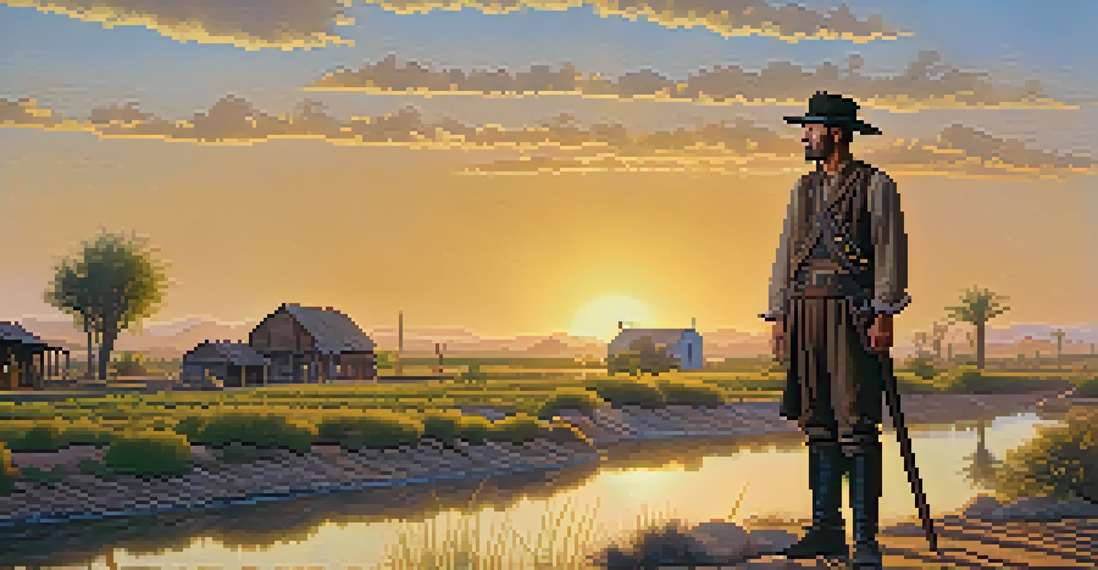Jack Swilling overseeing the construction of the Phoenix Canal, with settlers and crops in the background as the sun sets.
