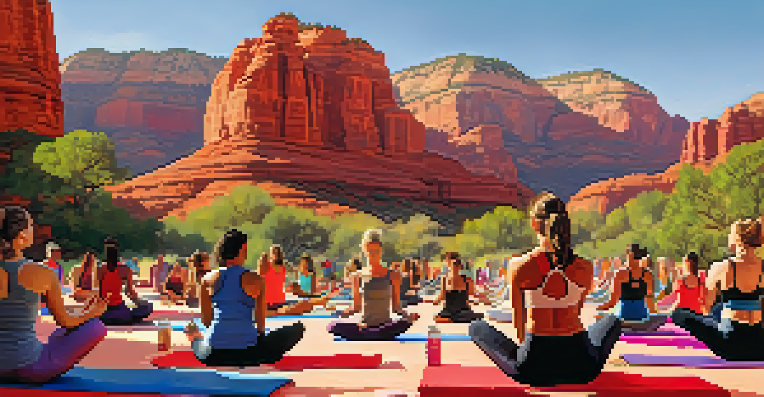 Participants practicing yoga on colorful mats with red rock formations in the background at a yoga festival.