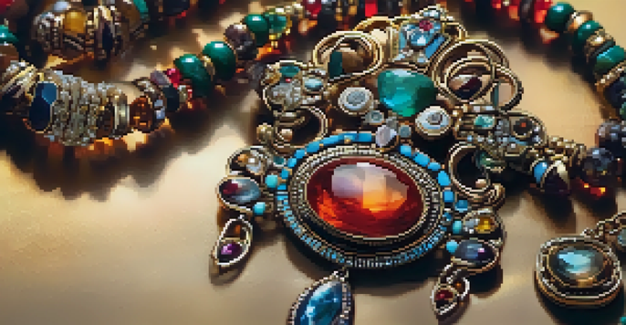 A beautifully crafted artisan necklace made with colorful gemstones and detailed metalwork, illuminated by natural sunlight.