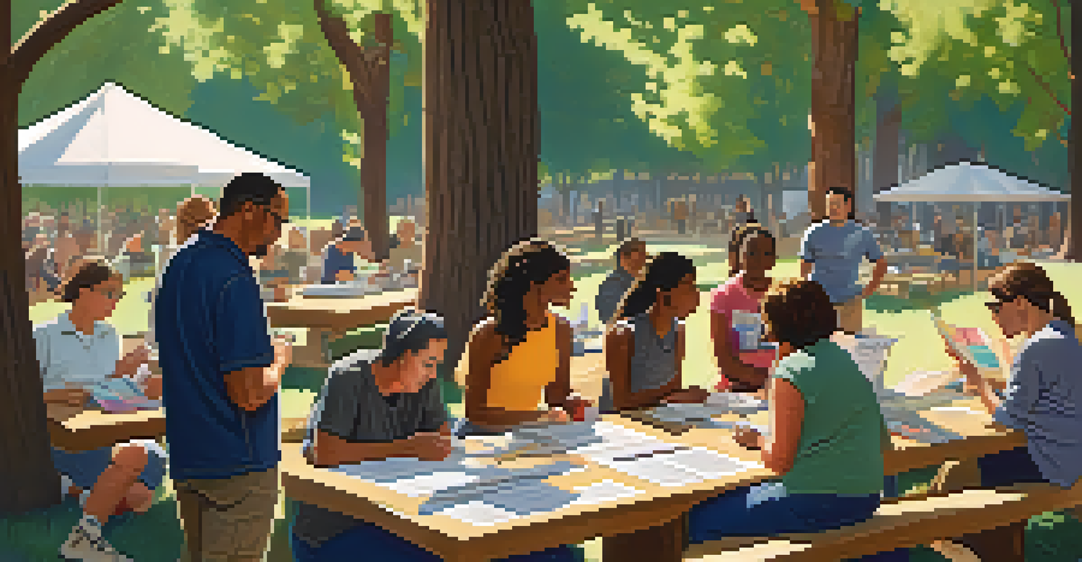 Residents participating in a community workshop about wildfire prevention in a park, with educational materials on a table.