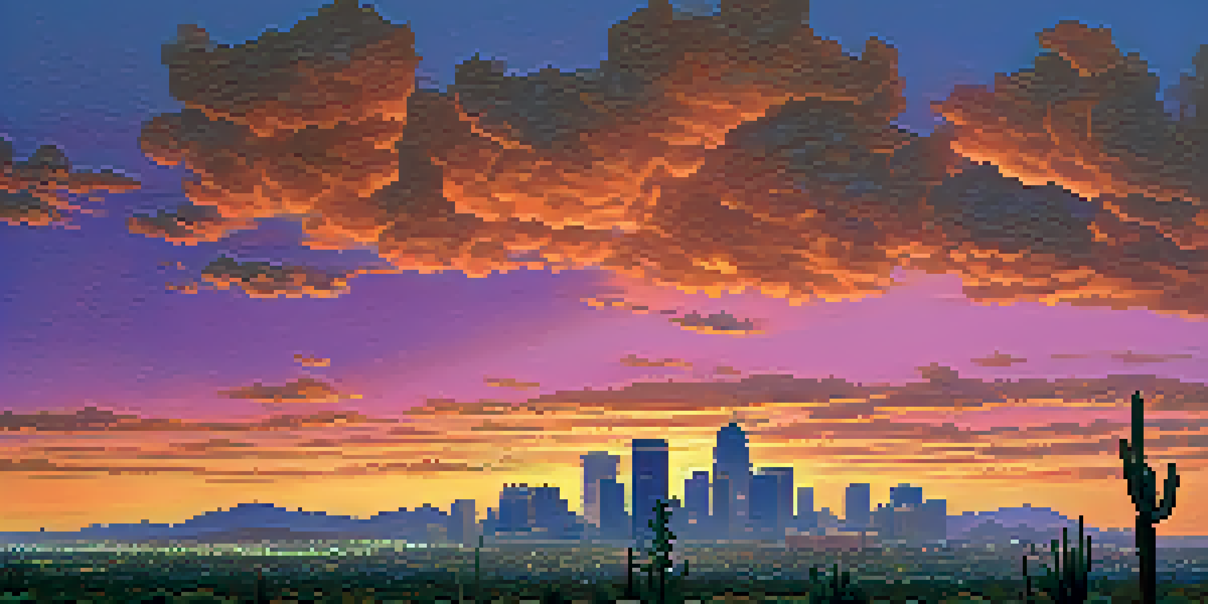 Panoramic view of the Phoenix skyline at sunset with vibrant colors and desert flora.